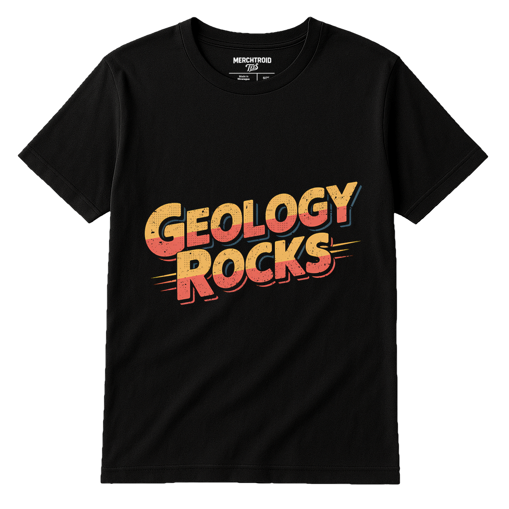 Black Funny Geology T Shirt - "Geology Rocks" graphic tee with orange print, flat lay product photo