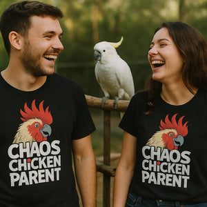 Person wearing the black cockatoo shirts graphic tee - "Chaos Chicken Parent" design
