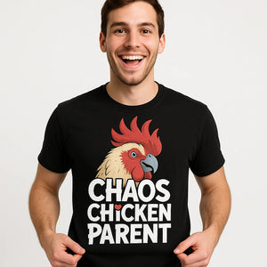 Close-up of the "Chaos Chicken Parent" white print on a premium Bella+Canvas black cockatoo shirts