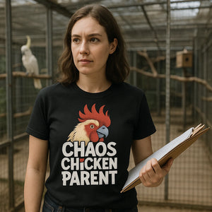 Lifestyle shot of the "Chaos Chicken Parent" black cockatoo shirts in a real-world setting