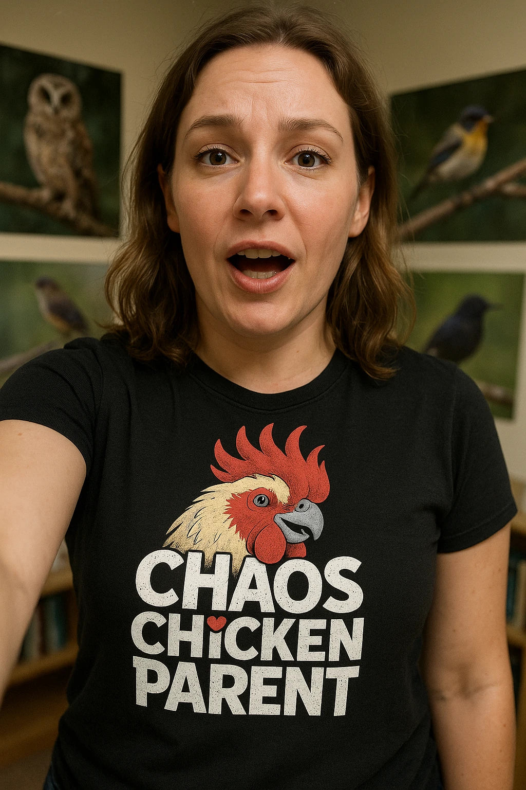 "Chaos Chicken Parent" black cockatoo shirts, photographed as cockatoo lover gift