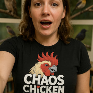 "Chaos Chicken Parent" black cockatoo shirts, photographed as cockatoo lover gift