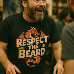 Back view of the "Respect the Beard" black dragons t shirt