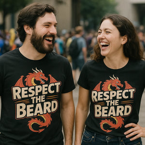 Person wearing the black dragons t shirt graphic tee - "Respect the Beard" design