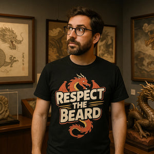 Lifestyle shot of the "Respect the Beard" black dragons t shirt in a real-world setting