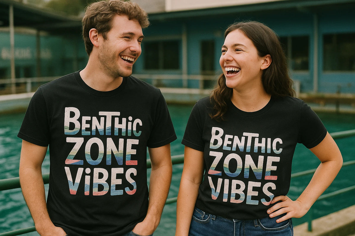 Person wearing the black marine biology shirts graphic tee - "Benthic Zone Vibes" design