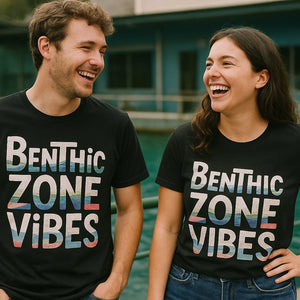 Person wearing the black marine biology shirts graphic tee - "Benthic Zone Vibes" design