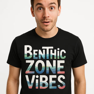 Close-up of the "Benthic Zone Vibes" white print on a premium Bella+Canvas black marine biology shirts