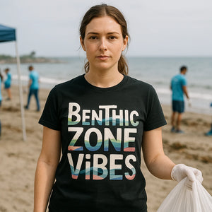 Lifestyle shot of the "Benthic Zone Vibes" black marine biology shirts in a real-world setting
