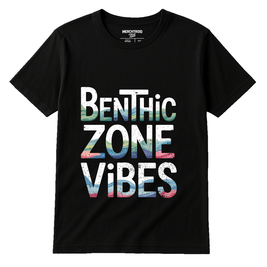 Black Marine Biology Shirts - "Benthic Zone Vibes" graphic tee with white print, flat lay product photo
