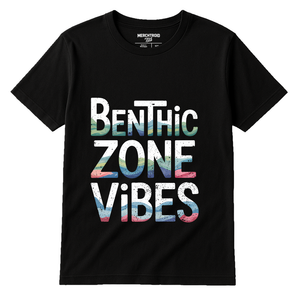 Black Marine Biology Shirts - "Benthic Zone Vibes" graphic tee with white print, flat lay product photo