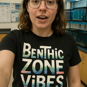 "Benthic Zone Vibes" black marine biology shirts, photographed as marine biology lover gift
