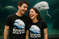 A young man and woman are smiling and laughing, standing close together. Both are wearing matching black T-shirts with an illustrated image of a whale and the text 