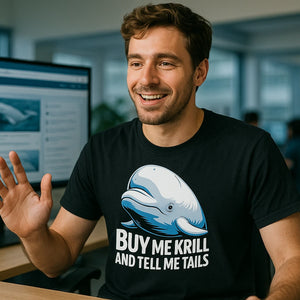 Lifestyle shot of the "Buy Me Krill and Tell Me Tails" black beluga whale t shirt in a real-world setting