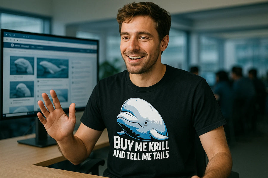 A person with short brown hair and a beard is sitting at a desk in an office environment, smiling and gesturing with one hand. They are wearing a black t-shirt featuring a cartoonish beluga whale and text that reads "BUY ME KRILL AND TELL ME TAILS." Behind them is a computer monitor displaying images of whales.