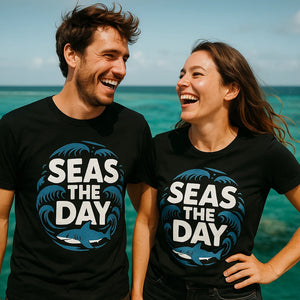 Person wearing the black oceans t shirt graphic tee - "Seas the Day" design