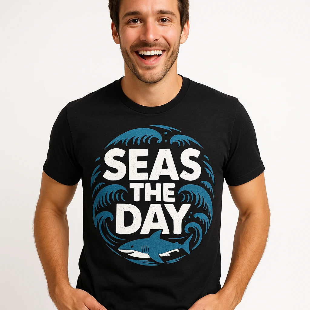 Close-up of the "Seas the Day" white print on a premium Bella+Canvas black oceans t shirt