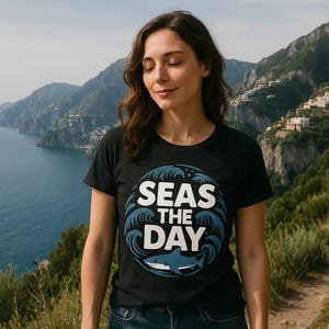 Lifestyle shot of the "Seas the Day" black oceans t shirt in a real-world setting