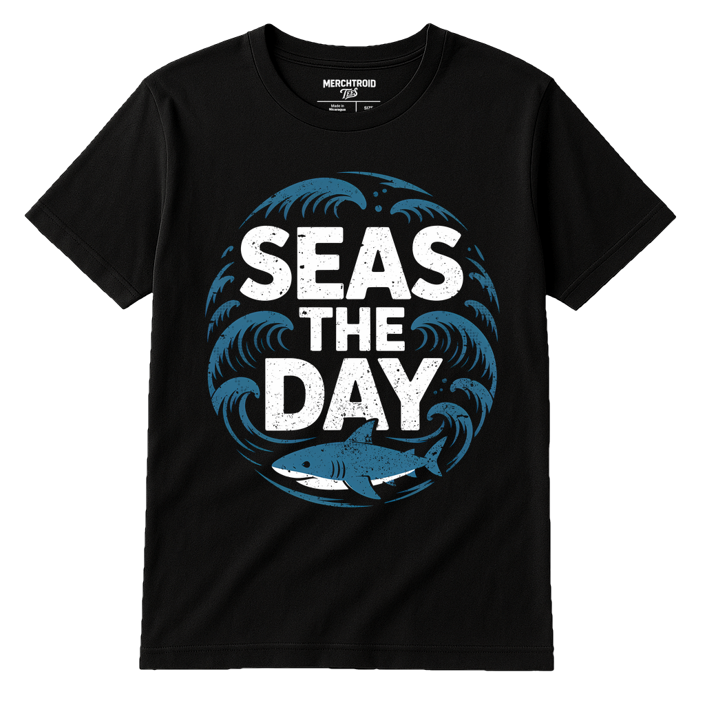 Black Oceans T Shirt - "Seas the Day" graphic tee with white print, flat lay product photo
