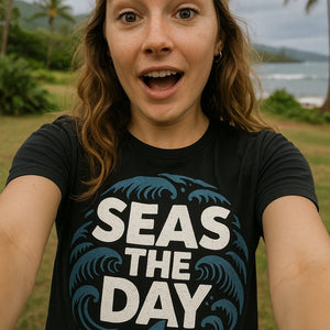 "Seas the Day" black oceans t shirt, photographed as oceans lover gift