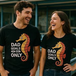 Person wearing the black seahorse t shirt graphic tee - "Dad Goals Only" design