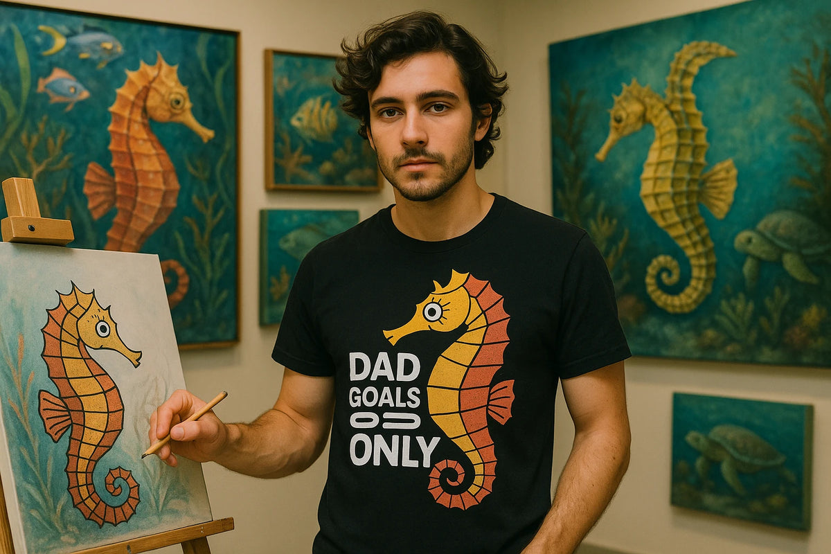 Lifestyle shot of the "Dad Goals Only" black seahorse t shirt in a real-world setting