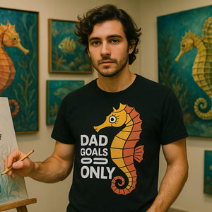 Lifestyle shot of the "Dad Goals Only" black seahorse t shirt in a real-world setting