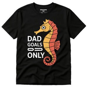 Black Seahorse T Shirt - "Dad Goals Only" graphic tee with orange print, flat lay product photo