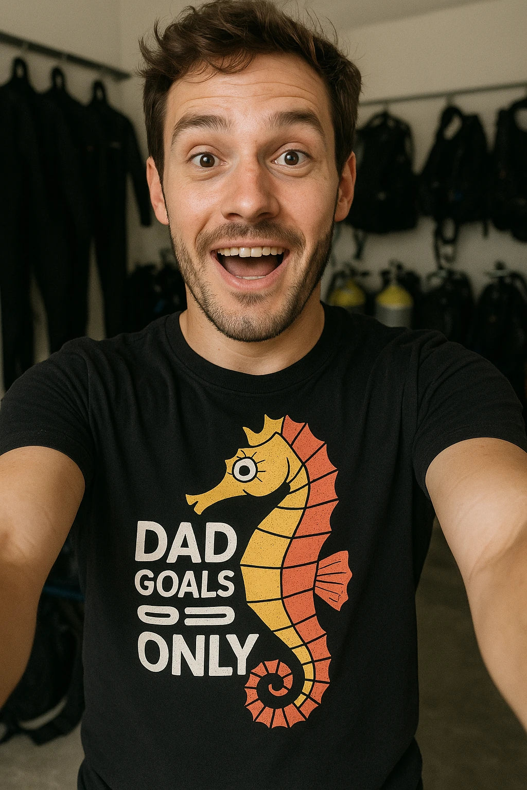 "Dad Goals Only" black seahorse t shirt, photographed as seahorse lover gift