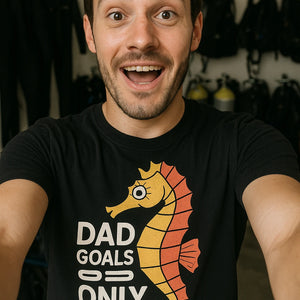"Dad Goals Only" black seahorse t shirt, photographed as seahorse lover gift