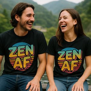 Person wearing the black relaxing t shirt graphic tee - "Zen Af" design