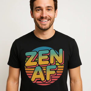 Close-up of the "Zen Af" gold print on a premium Bella+Canvas black relaxing t shirt