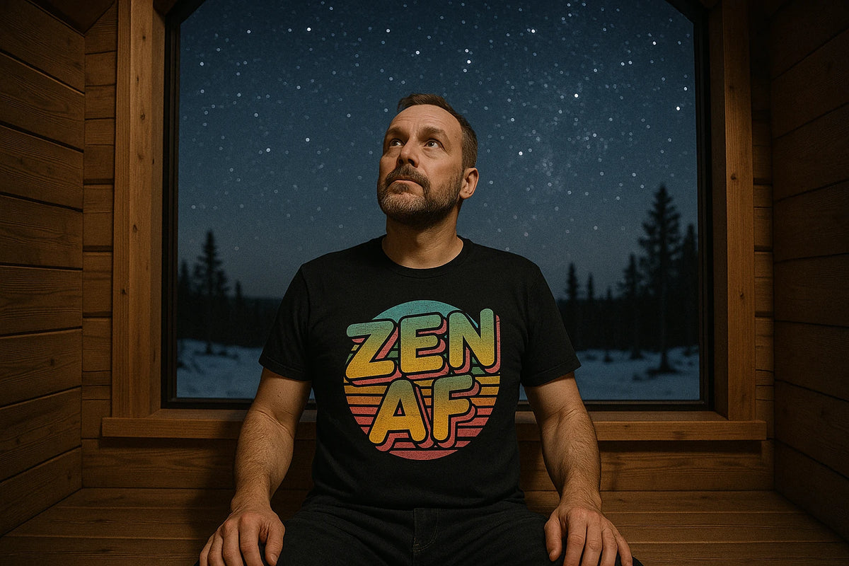 Lifestyle shot of the "Zen Af" black relaxing t shirt in a real-world setting