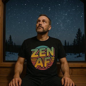 Lifestyle shot of the "Zen Af" black relaxing t shirt in a real-world setting