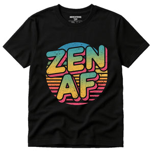 Black Relaxing T Shirt - "Zen Af" graphic tee with gold print, flat lay product photo
