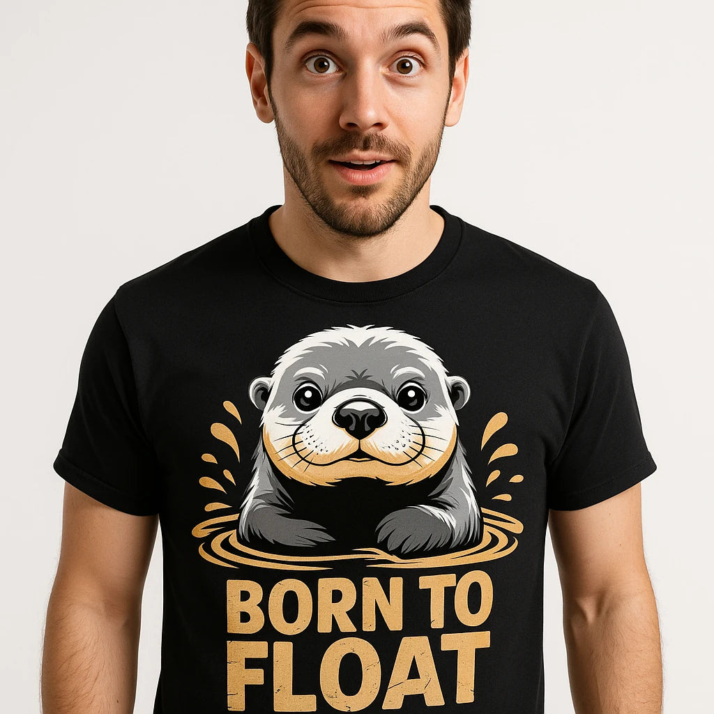 Close-up of the "Born To Float" beige print on a premium Bella+Canvas black sea otter t shirt