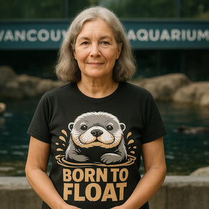 Lifestyle shot of the "Born To Float" black sea otter t shirt in a real-world setting