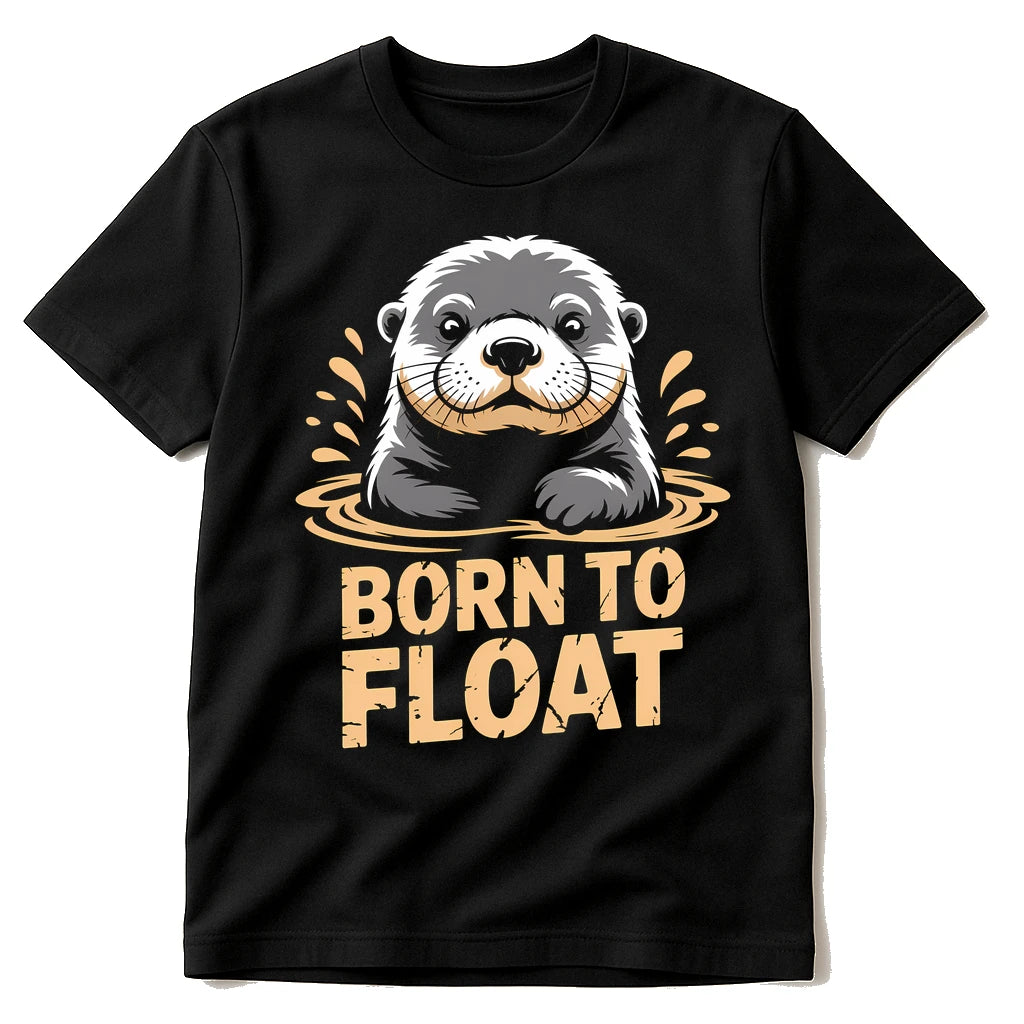 Black Sea Otter T Shirt - "Born To Float" graphic tee with beige print, flat lay product photo