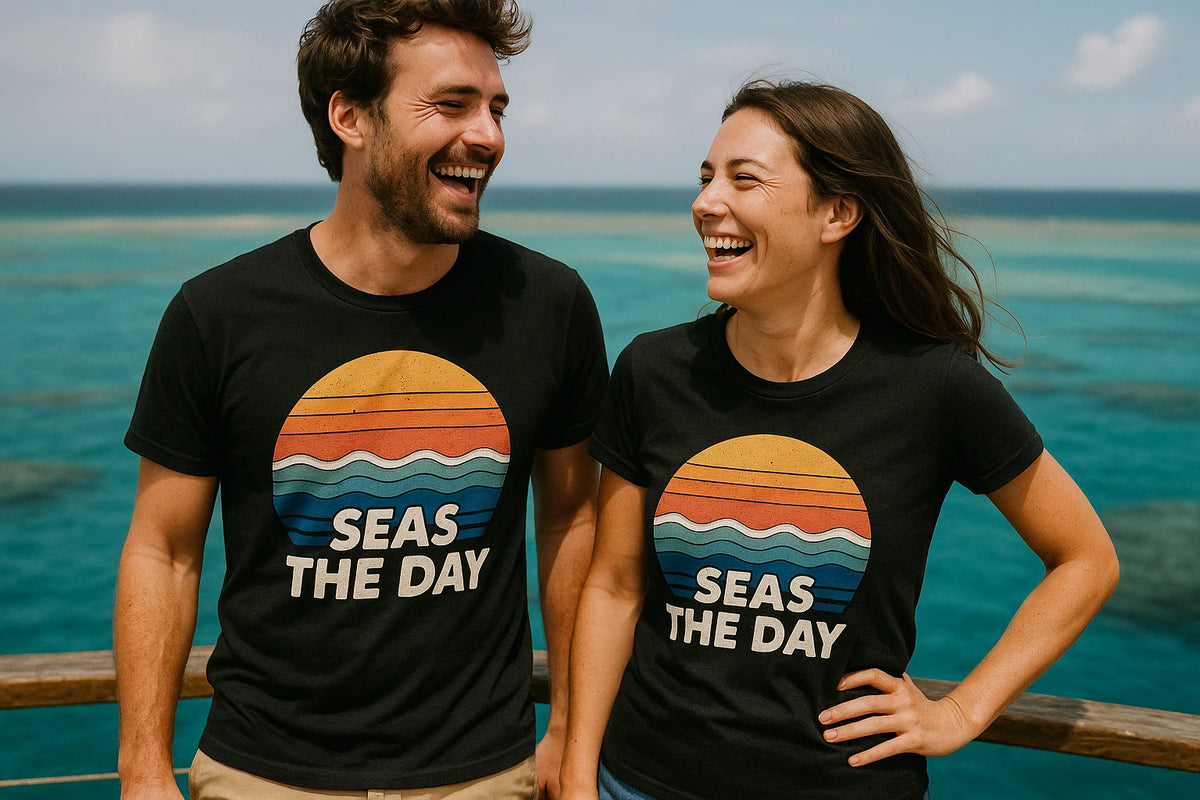 Person wearing the black oceans shirts graphic tee - "Seas the Day" design