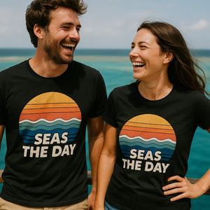 Person wearing the black oceans shirts graphic tee - "Seas the Day" design