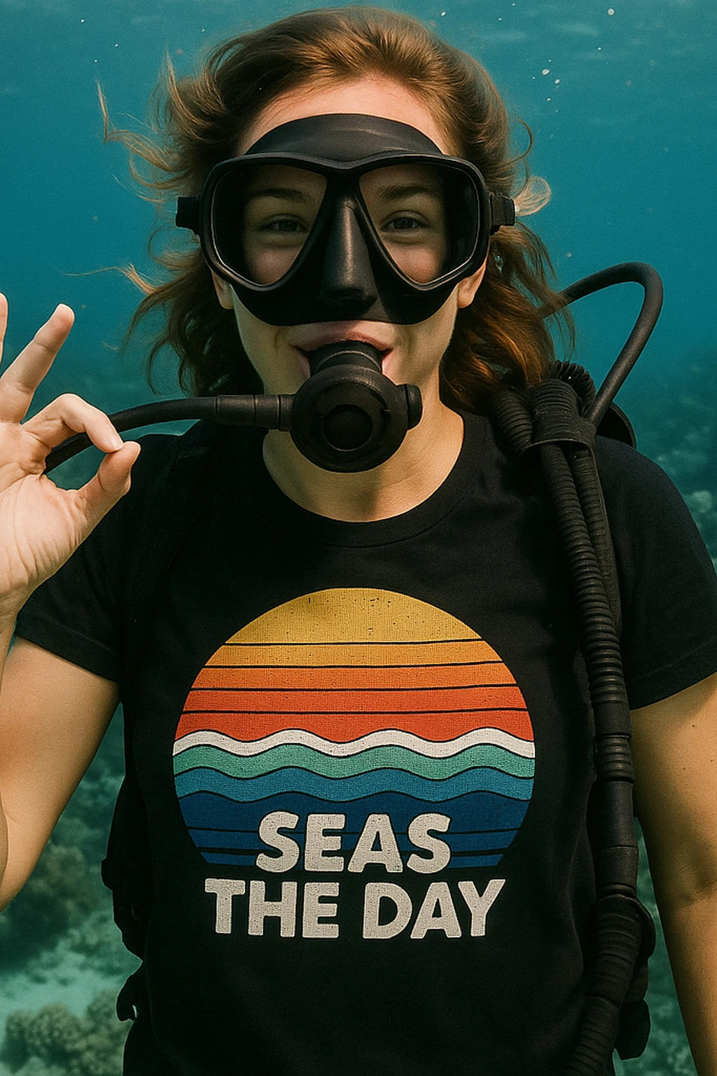 "Seas the Day" black oceans shirts, photographed as oceans lover gift
