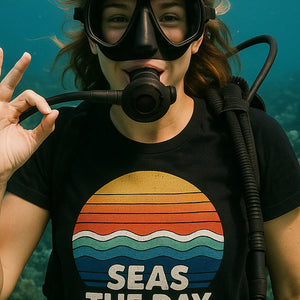 "Seas the Day" black oceans shirts, photographed as oceans lover gift