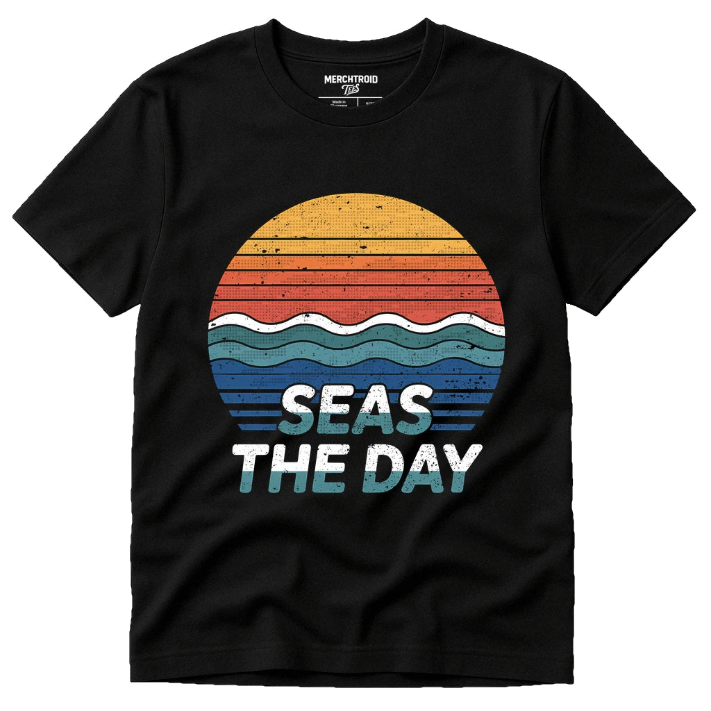 Black Oceans Shirts - "Seas the Day" graphic tee with tan print, flat lay product photo