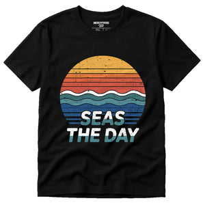Black Oceans Shirts - "Seas the Day" graphic tee with tan print, flat lay product photo