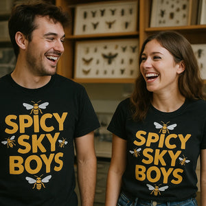 Person wearing the black wasps t shirt graphic tee - "Spicy Sky Boys" design