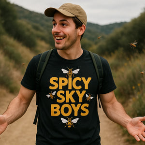 Lifestyle shot of the "Spicy Sky Boys" black wasps t shirt in a real-world setting