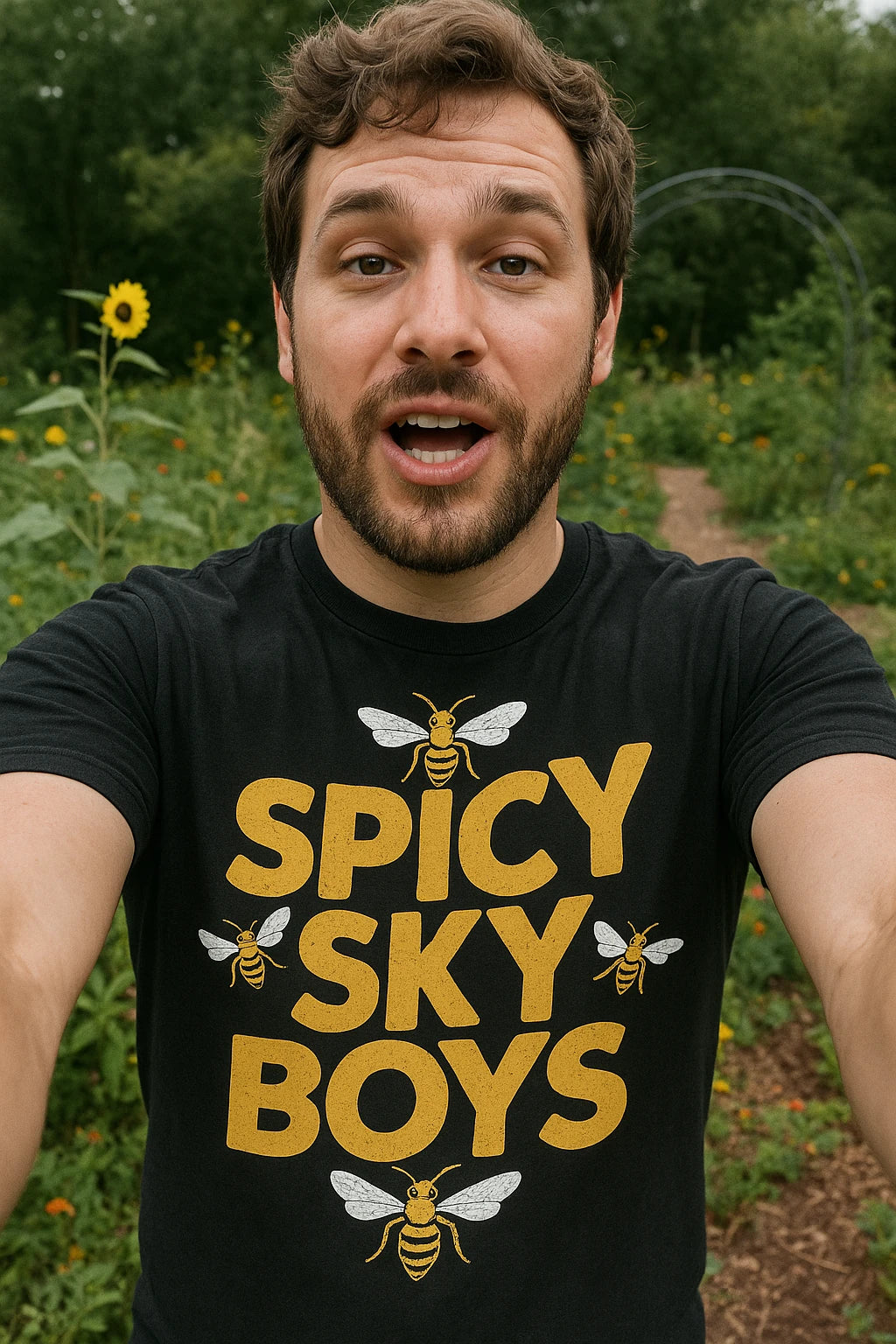 "Spicy Sky Boys" black wasps t shirt, photographed as wasps lover gift