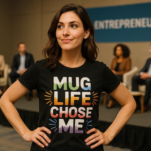 Lifestyle shot of the "Mug Life Chose Me" black entrepreneurs t shirt in a real-world setting