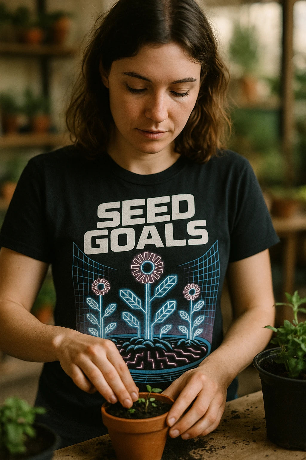 "Seed Goals" black womens gardening shirts - also one of the best gifts for garden lovers