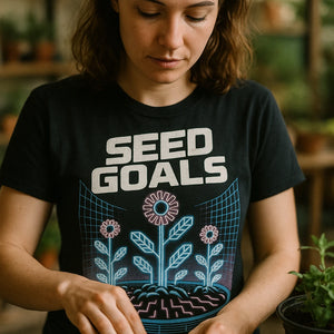 "Seed Goals" black womens gardening shirts - also one of the best gifts for garden lovers